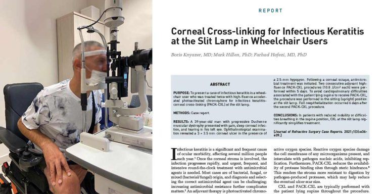 cross-linking-for-wheelchair-users-featured-image-with picutre of man in wheelchair at the slit lamp and a picture of a journal manuscript, side by side