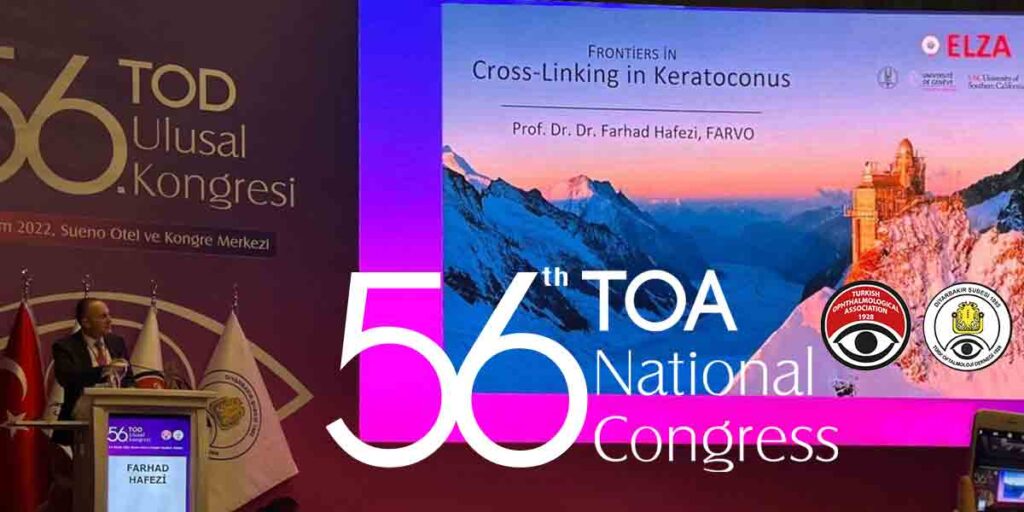 Prof. Farhad Hafezi standing at a lecture podium presenting a lecture called Frontiers in Corneal Cross-Linking, at the 56th TOD annual meeting of Turkish ophthalmologists