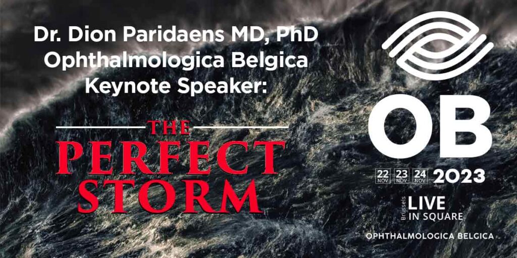 Dion Paridaens Ophthalmologica Belgica Keynote OB2023 The Perfect Storm with OB logo and ocean storm backdrop