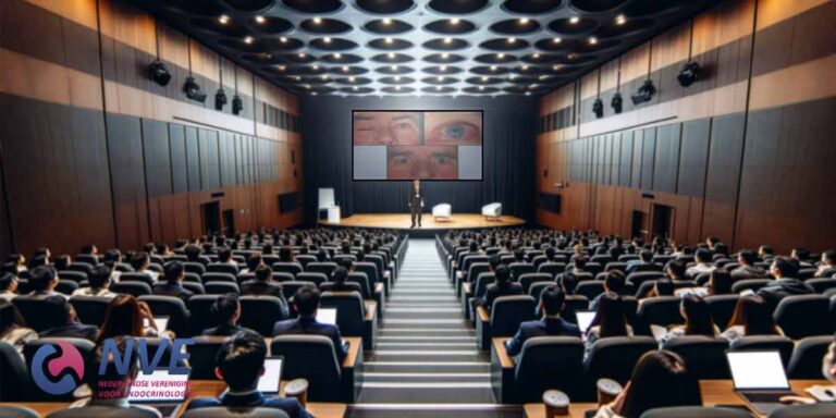 Dion Paridaens Graves Orbitopathy Lecture at the NVE meeting - picture of a lecture theater with Dion at the end of it, with some slides of Graves Orbitopathy on the screen,