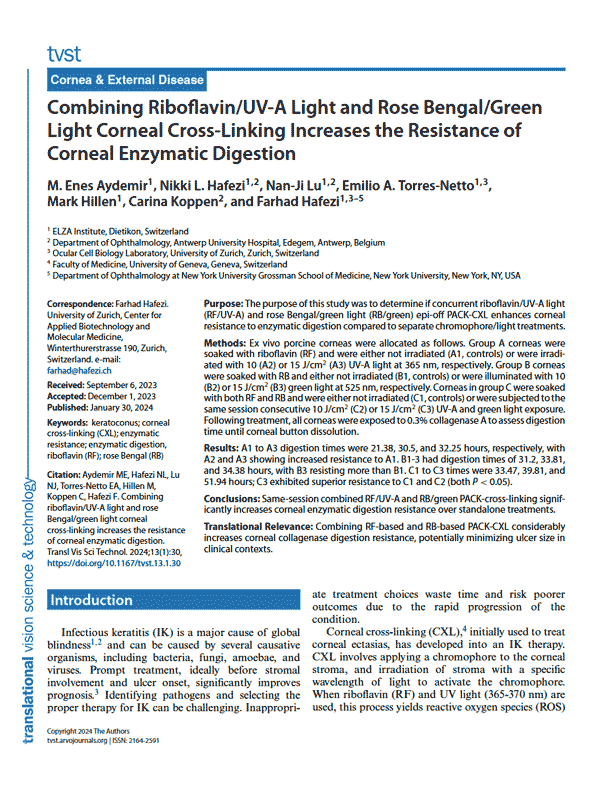 Combining Riboflavin/UV-A Light and Rose Bengal/Green Light Corneal Cross-Linking Increases the Resistance of Corneal Enzymatic Digestion