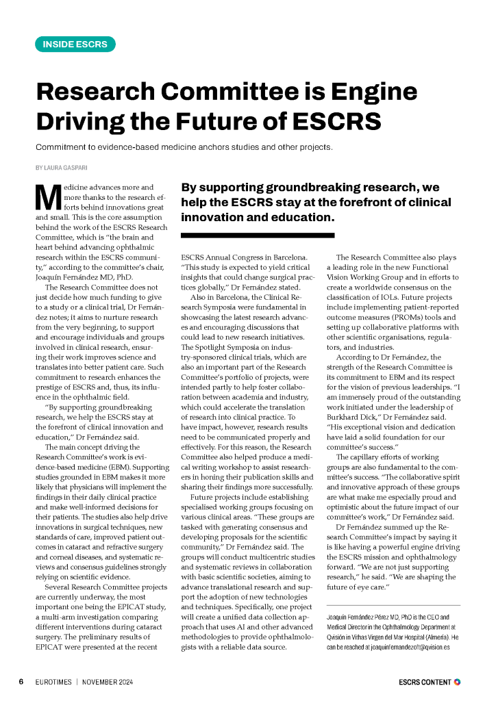 A EuroTimes report explores how the ESCRS Research Committee embeds evidence-based medicine into ophthalmic research, supporting studies, consensus building, and clinically relevant standards of care.