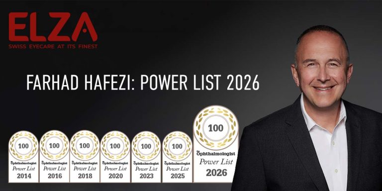 Farhad Hafezi surrounded by The Ophthalmologist Power List roundels for 2014, 2016, 2018, 2020, 2023, 2025, and 2026